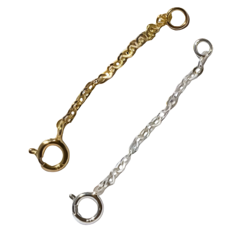 Chaînes d’extension en argent et en or pour colliers, avec fermoir anneau ressort, vue sur fond blanc. Idée cadeau femme. Koolkado.