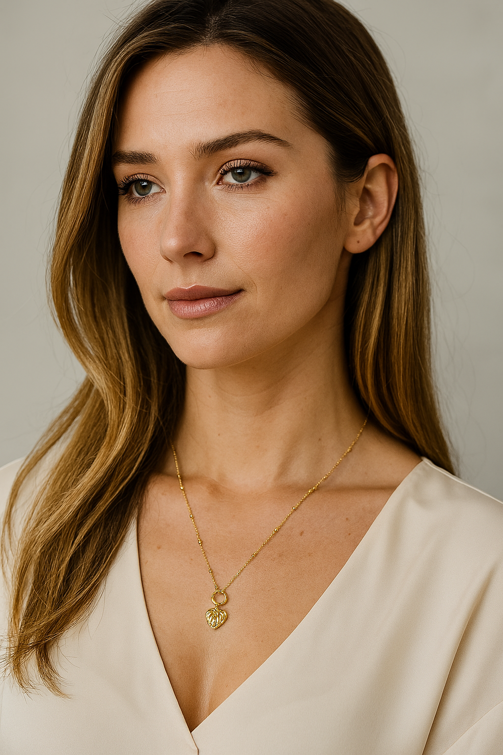 Idées cadeaux pour femme : collier cœur plaqué or porté, bijou raffiné et romantique parfait pour une touche d’élégance au quotidien