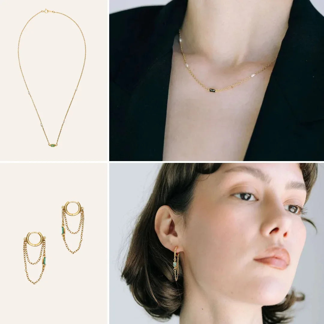 Parure Nina N°2 composĂ©e de crĂ©oles et dâun collier assorti en perles de culture et cristal, portĂ©e et en dĂ©tail, idĂ©e cadeau Ă©lĂ©gante faite main en France â KoolKado