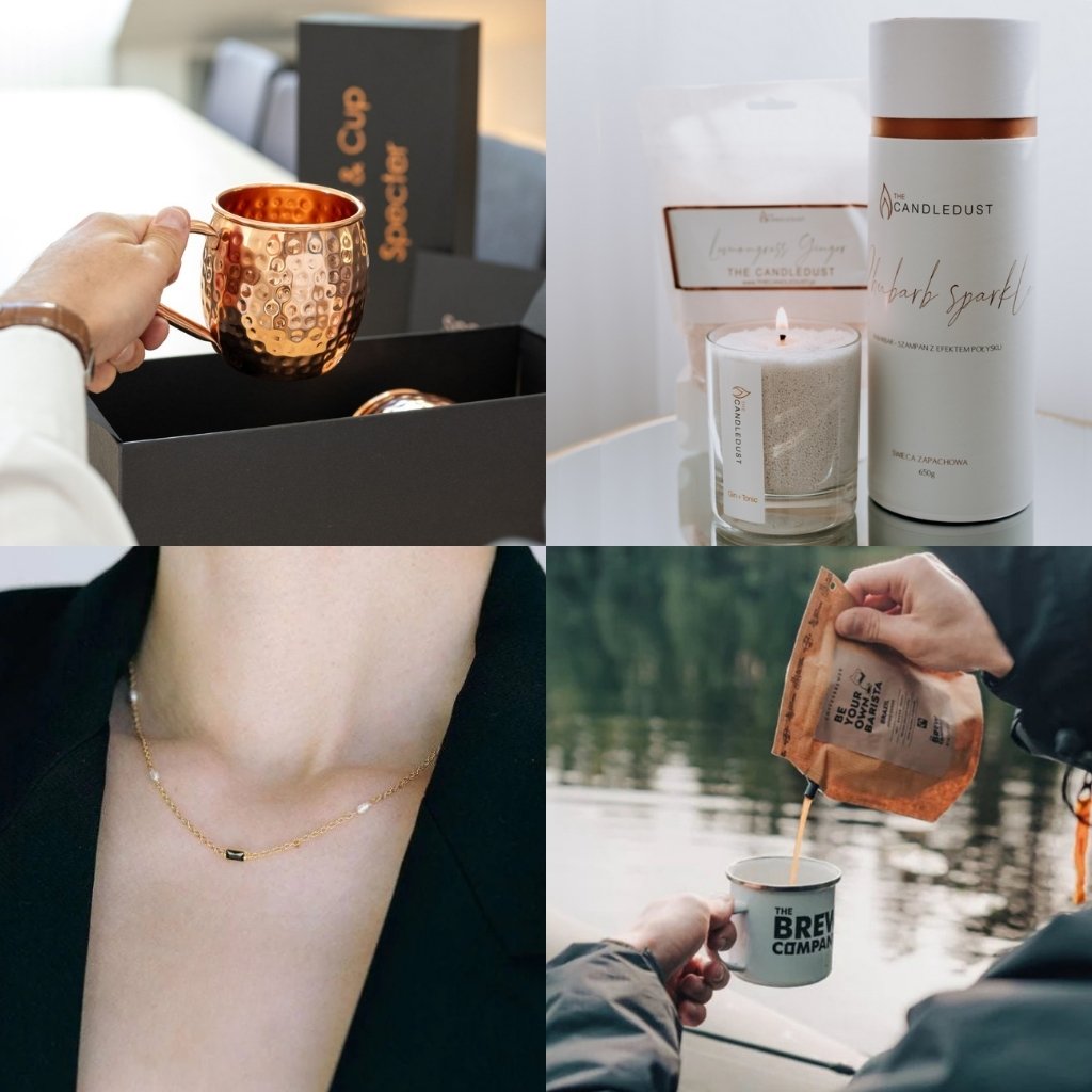 Sélection de cadeaux soignés incluant bougie parfumée, mug en cuivre, bijou délicat et café de spécialité, idée cadeau élégante pour marquer une attention sincère entre 30 et 50 € – KoolKado