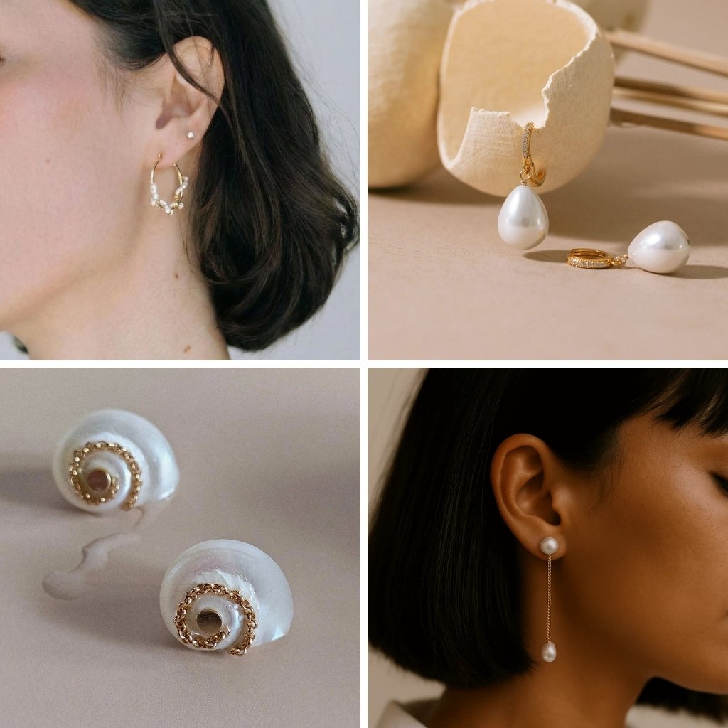 Boucles d’oreilles artisanales élégantes portées et en gros plan, incluant des boucles pendantes avec perles et des puces discrètes, illustrant une collection de boucles d’oreilles raffinées et intemporelles.