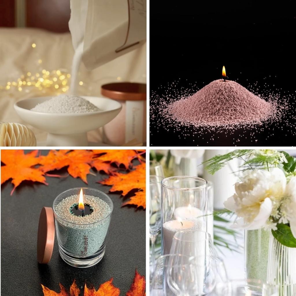 Bougies décoratives design aux couleurs élégantes, bougies de sable en cours de création et bougie cœur allumée, illustrant une collection de bougies décoratives modernes et personnalisables.