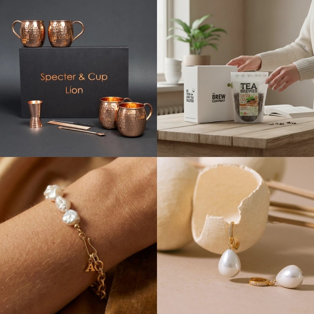 Sélection de cadeaux d’exception KoolKado avec bijoux faits main, parfum d’intérieur et portefeuille élégant, idée cadeau premium idéale pour une occasion importante – KoolKado