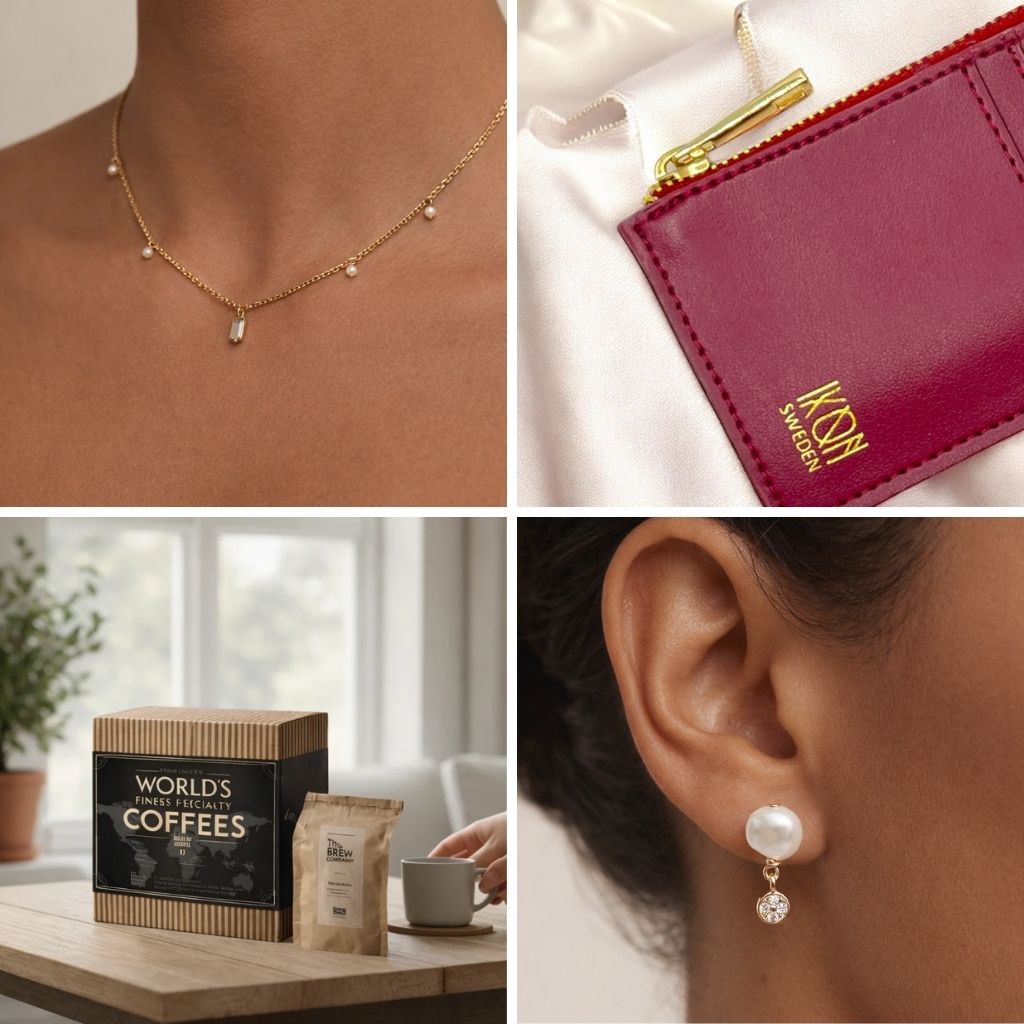 Sélection de cadeaux élégants incluant bijoux en perles de culture, coffret parfumé, café de spécialité et accessoire en cuir végétal, idée cadeau marquante pour une occasion importante – KoolKado