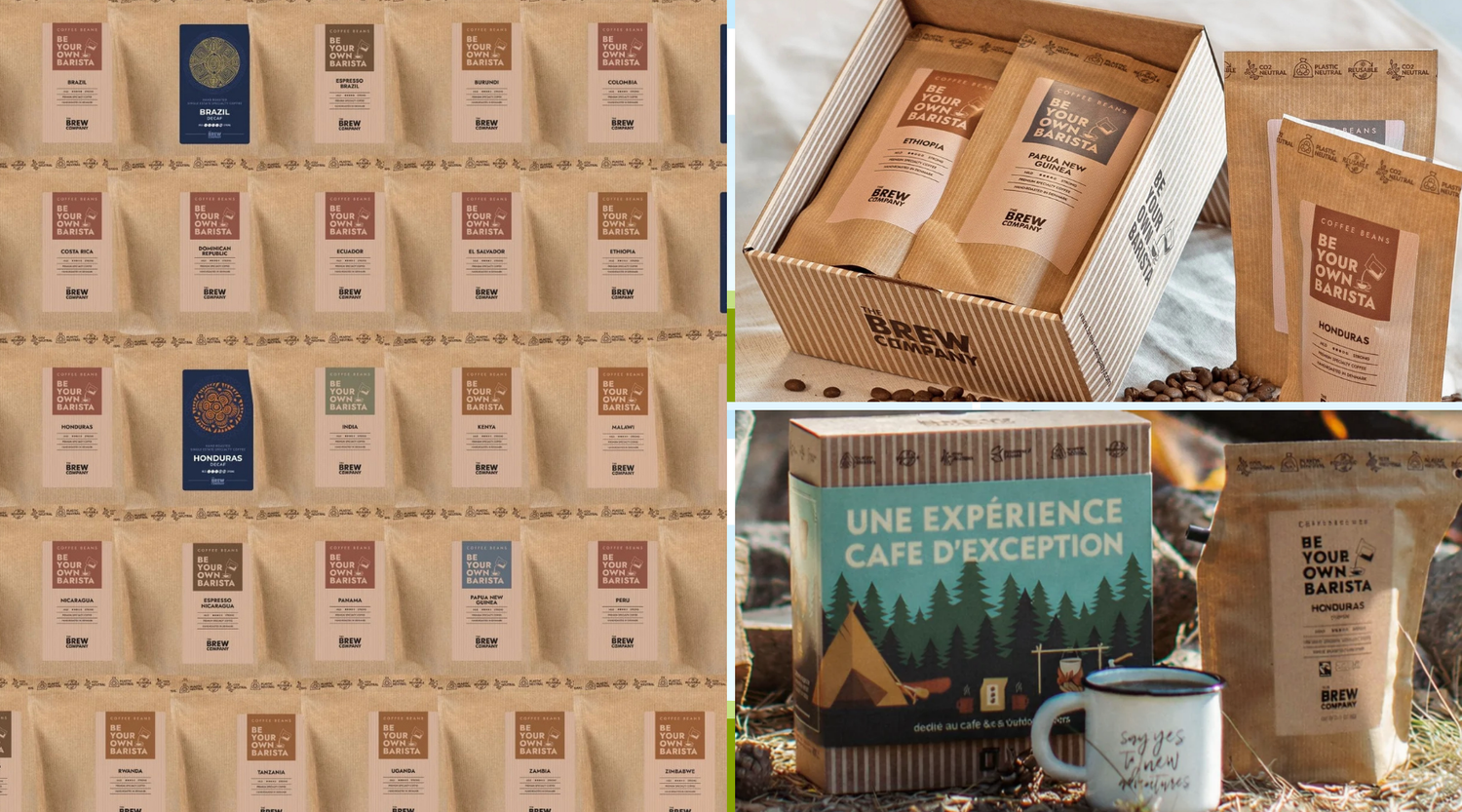 Collage de trois photos présentant une gamme de cafés premium : une vue d'ensemble de sachets de café artisanaux, un coffret cadeau ouvert et un pack thématique 'Une expérience café d'exception' accompagné d'un mug.