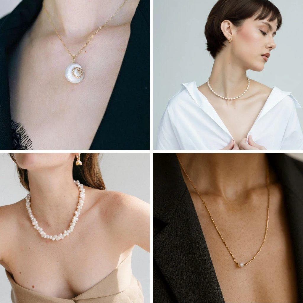 Collage de bijoux élégants présentant un collier asymétrique or et perles ainsi qu'un bracelet de perles baroques, idée cadeau femme idéale pour un anniversaire ou une célébration élégante – KoolKado