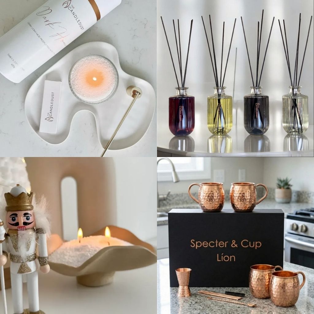 Sélection de cadeaux pour pendaison de crémaillère : bougies décoratives et parfumées, diffuseurs d’intérieur, cafetières et théières nomades, mugs en cuivre martelé, présentés dans une ambiance chaleureuse et élégante pour un nouveau chez-soi.