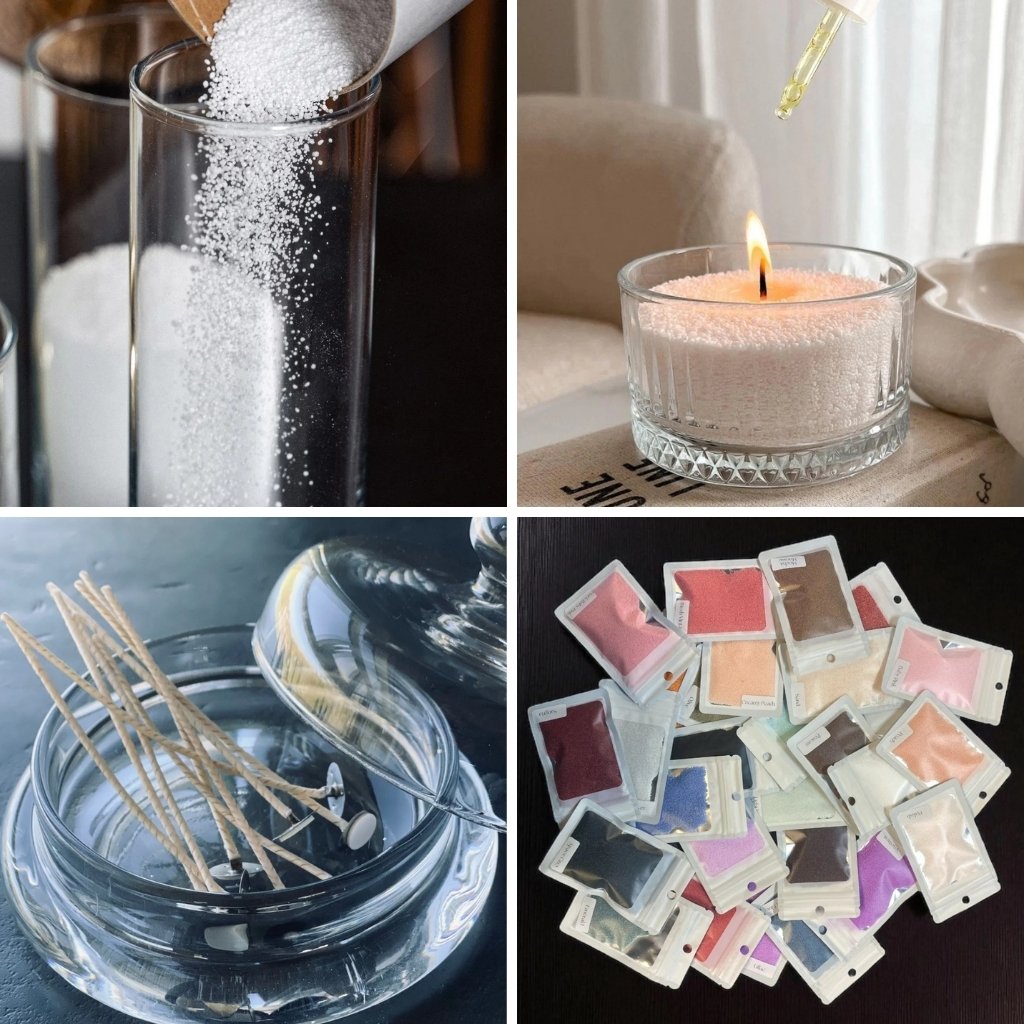 Huiles parfumées naturelles pour bougies décoratives, flacon avec compte-gouttes devant des fleurs de lavande et bougies allumées, illustrant une collection d’huiles parfumées élégantes et apaisantes.