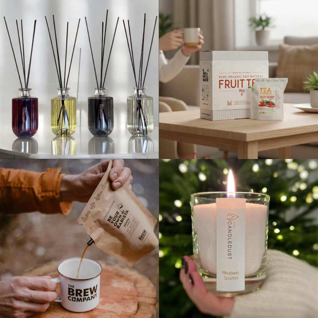 Photo hero de la collection Petites surprises – moins de 20 €, avec bougies décoratives, cafés et thés à offrir, diffuseurs et petites attentions du quotidien, présentés dans une ambiance chaleureuse – idée cadeau simple et soignée – KoolKado