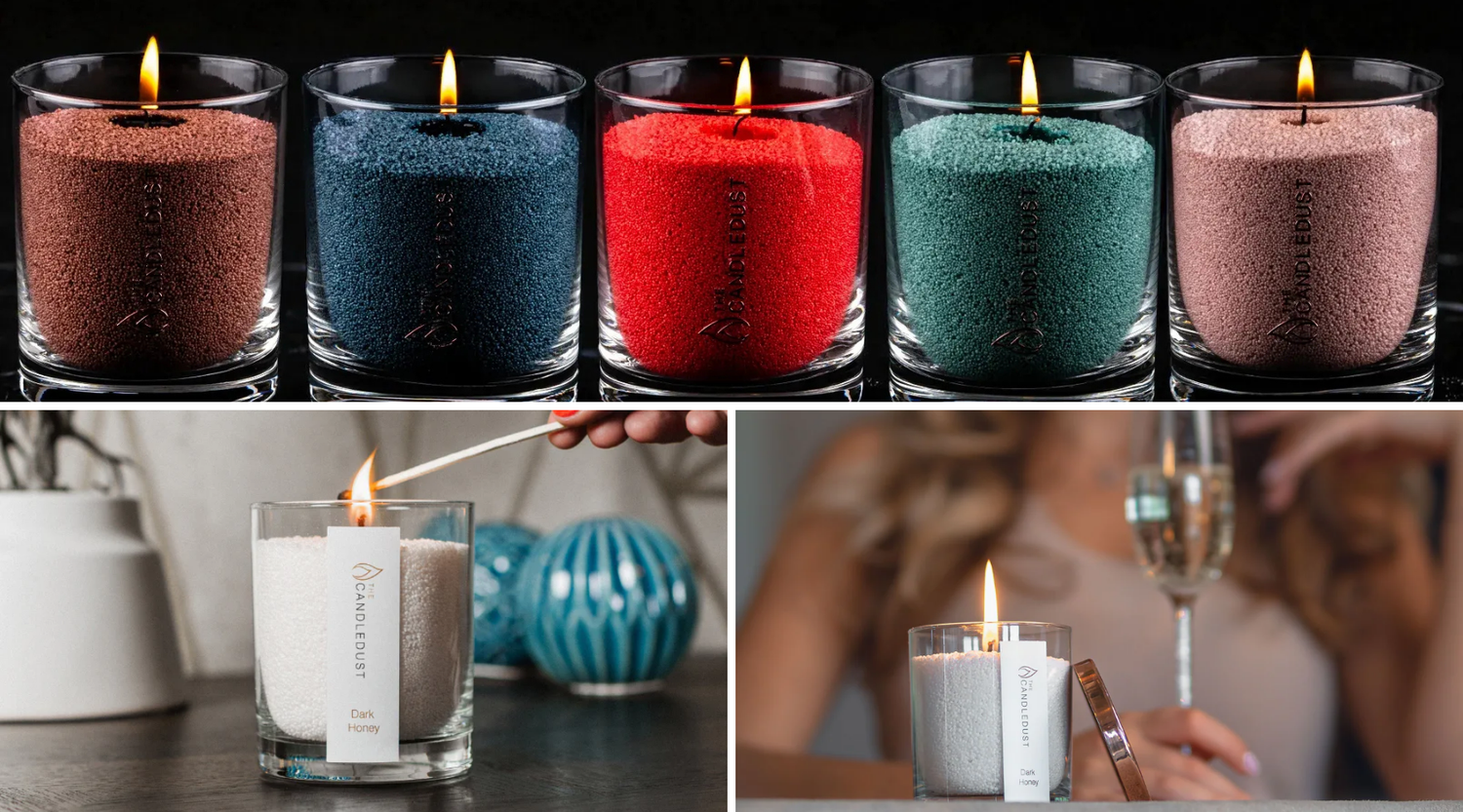 Collage montrant des bougies en poudre aux couleurs variées et une ambiance festive avec champagne, idée cadeau personnalisable et élégante idéale pour une célébration ou un hôte – KoolKado