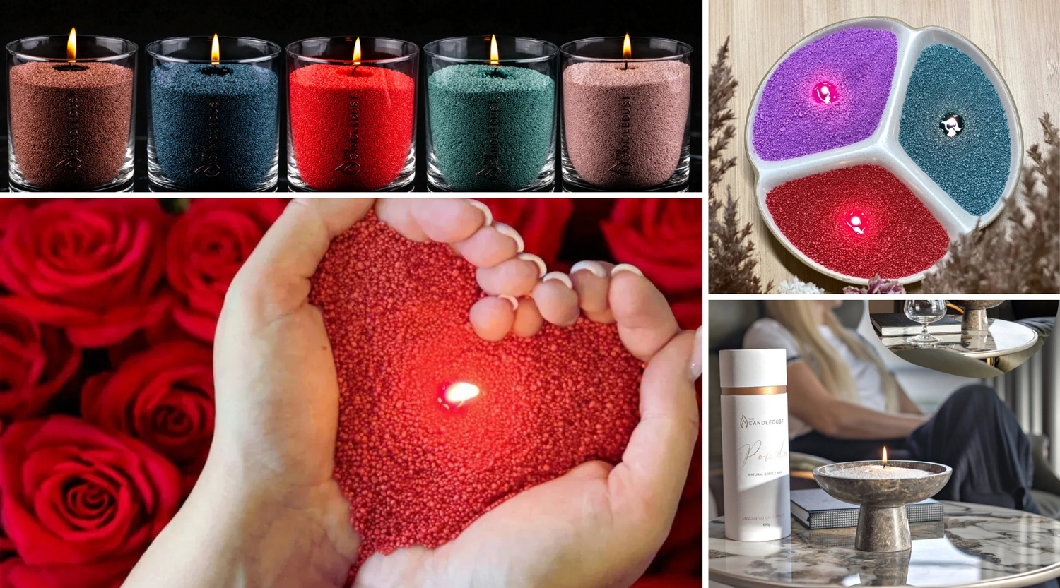 Collage lifestyle montrant une bougie en poudre blanche naturelle dans un bol en pierre et son utilisation, idée cadeau décoration élégante idéale pour une crémaillère ou un intérieur raffiné – KoolKado