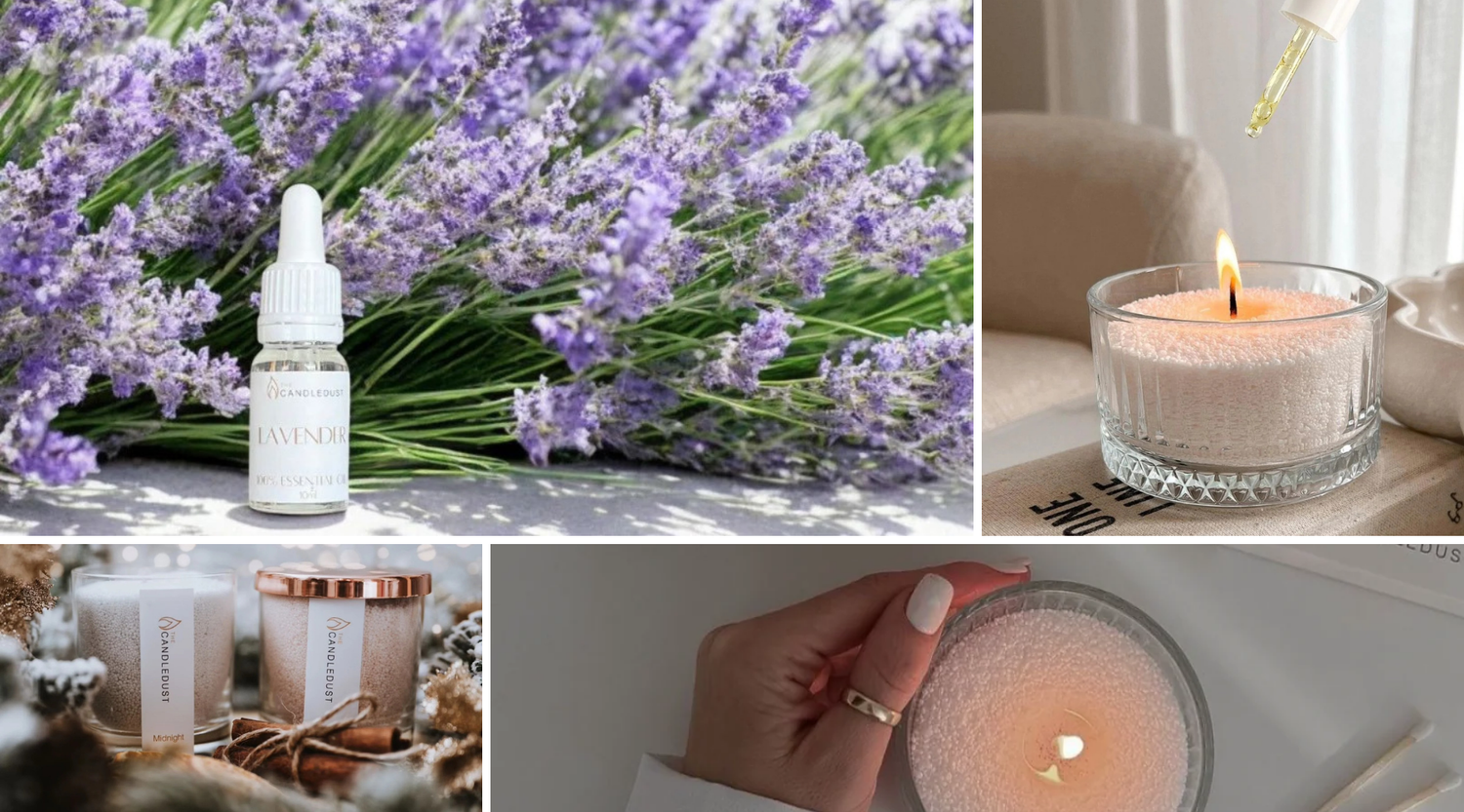 Huile parfumée pour bougie de sable avec senteur lavande et mise en situation allumée, idée cadeau maison idéale pour créer une ambiance apaisante – KoolKado