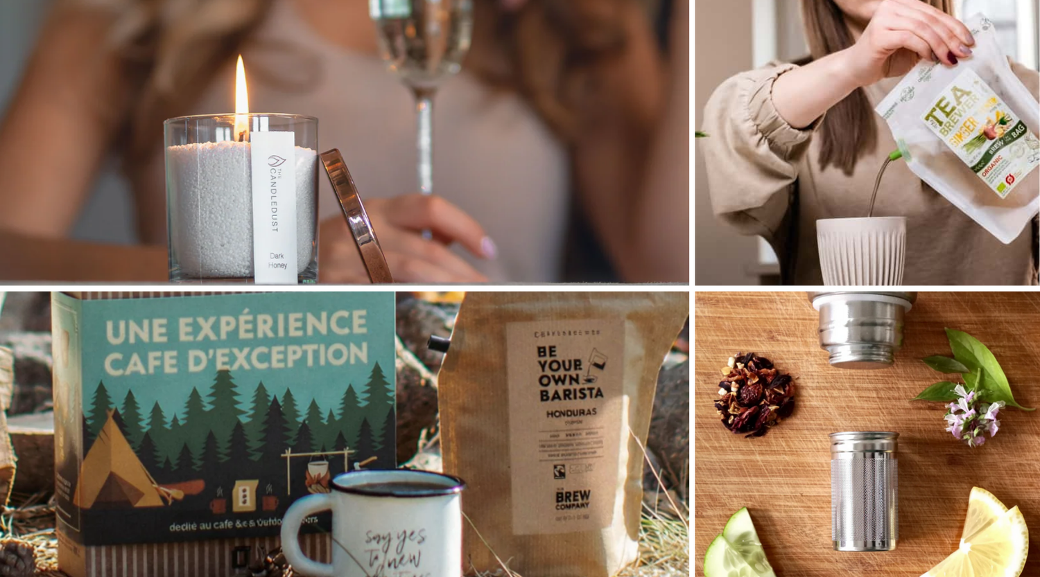 Sélection de petites attentions éthiques KoolKado avec bougie allumée, café et thé artisanaux, accessoires du quotidien et idées gourmandes, idée cadeau soignée à moins de 20 € – KoolKado