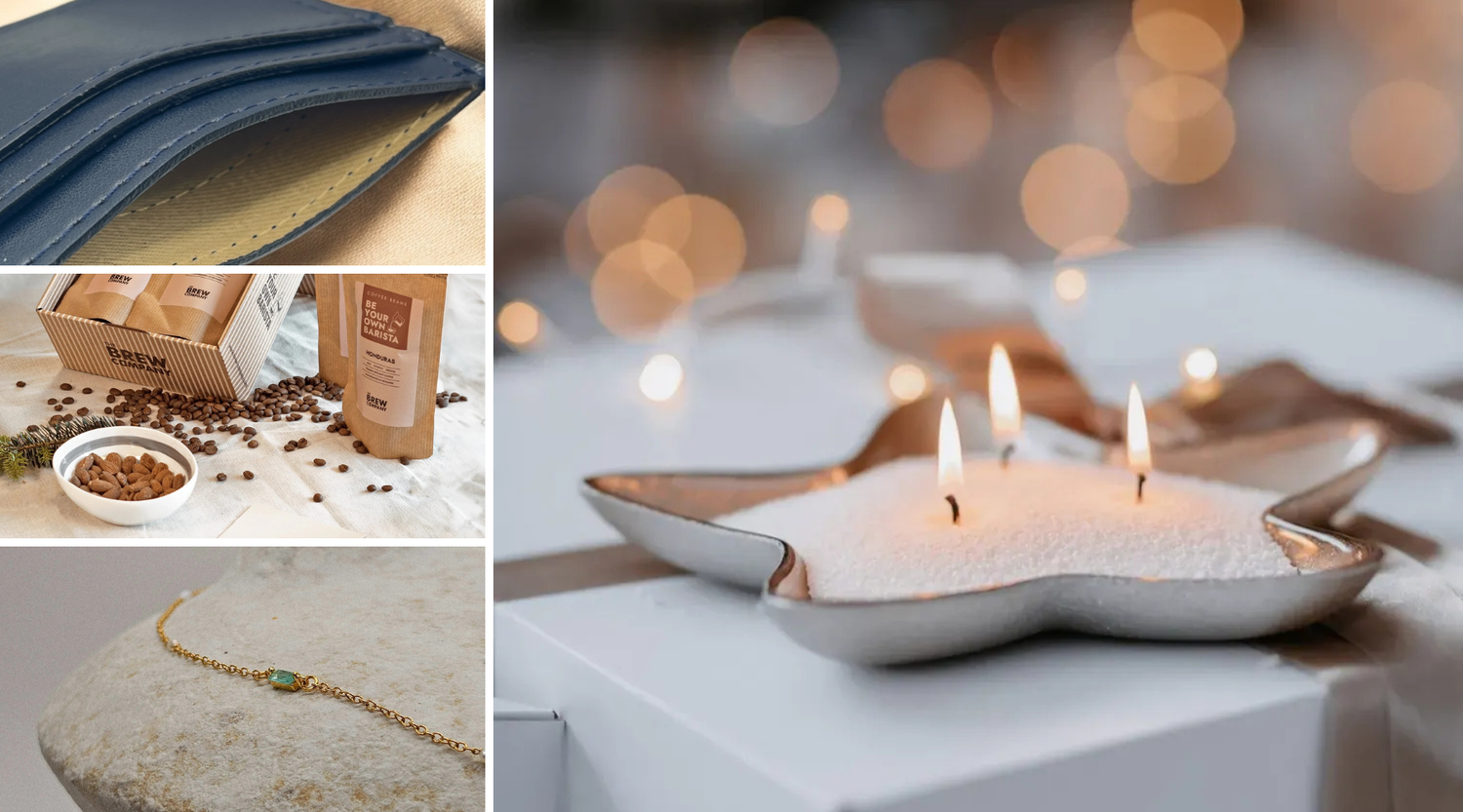 Sélection de belles attentions KoolKado avec bougie décorative allumée, bijou délicat fait main, coffret gourmand et accessoire élégant, idée cadeau éthique entre 30 et 50 € – KoolKado