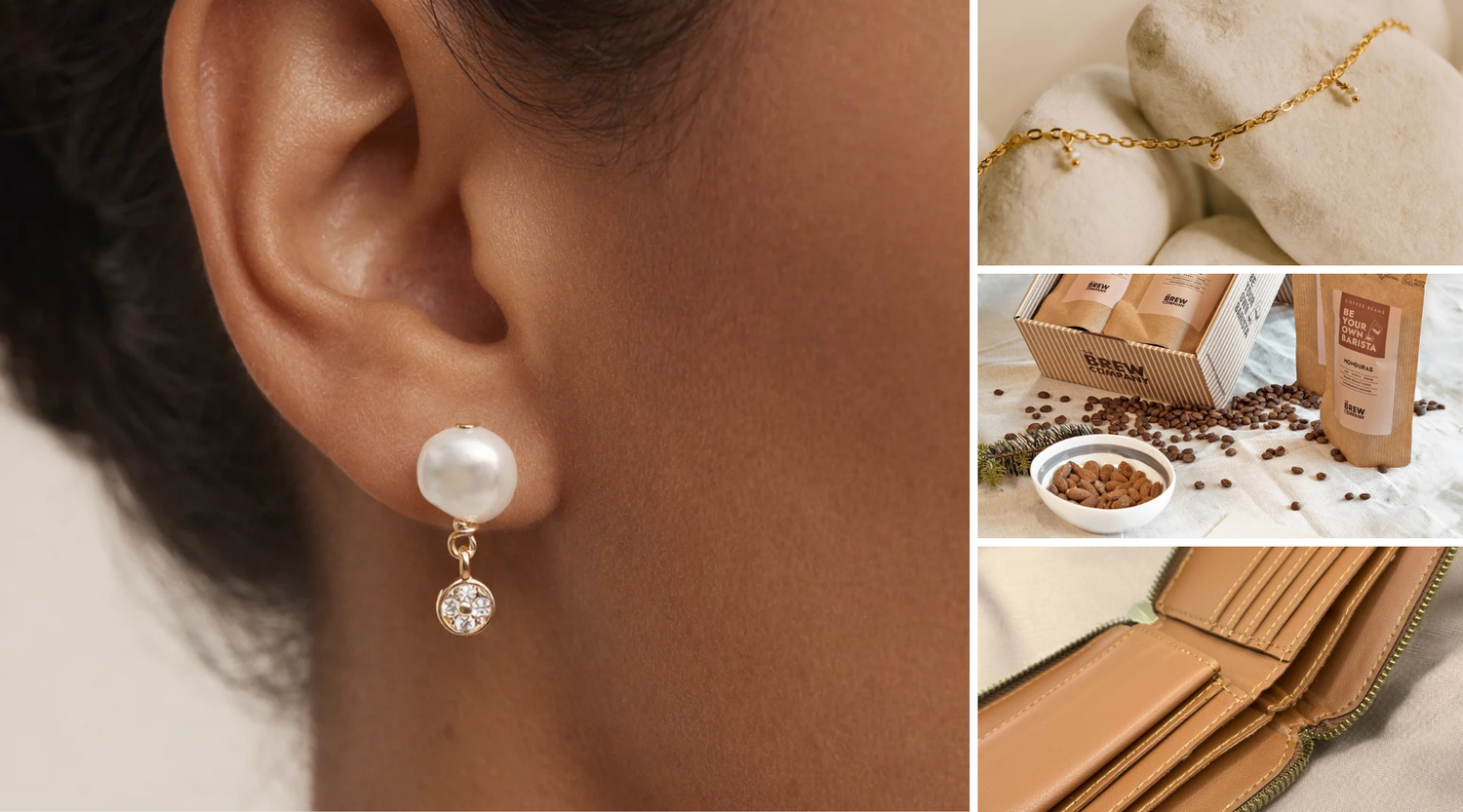 Sélection de cadeaux élégants KoolKado avec boucles d’oreilles faites main, collier délicat, coffret gourmand et portefeuille en cuir végétal, idée cadeau éthique entre 50 et 75 € – KoolKado