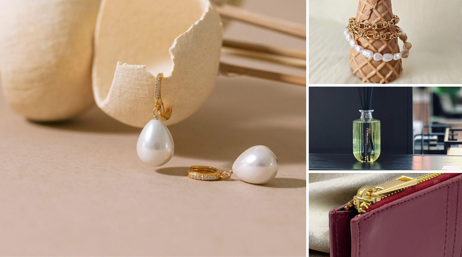 Sélection de cadeaux d’exception KoolKado avec bijoux faits main, parfum d’intérieur et portefeuille élégant, idée cadeau premium idéale pour une occasion importante – KoolKado