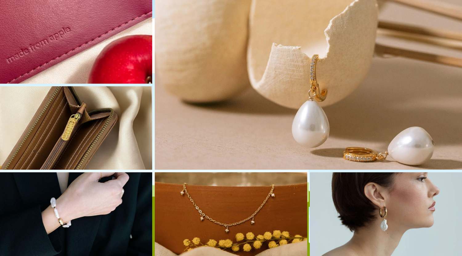 Gros plan sur des boucles d'oreilles en perles, un collier doré délicat et une maroquinerie innovante en cuir de pomme, idée cadeau femme idéale pour un anniversaire ou une attention élégante et engagée – KoolKado