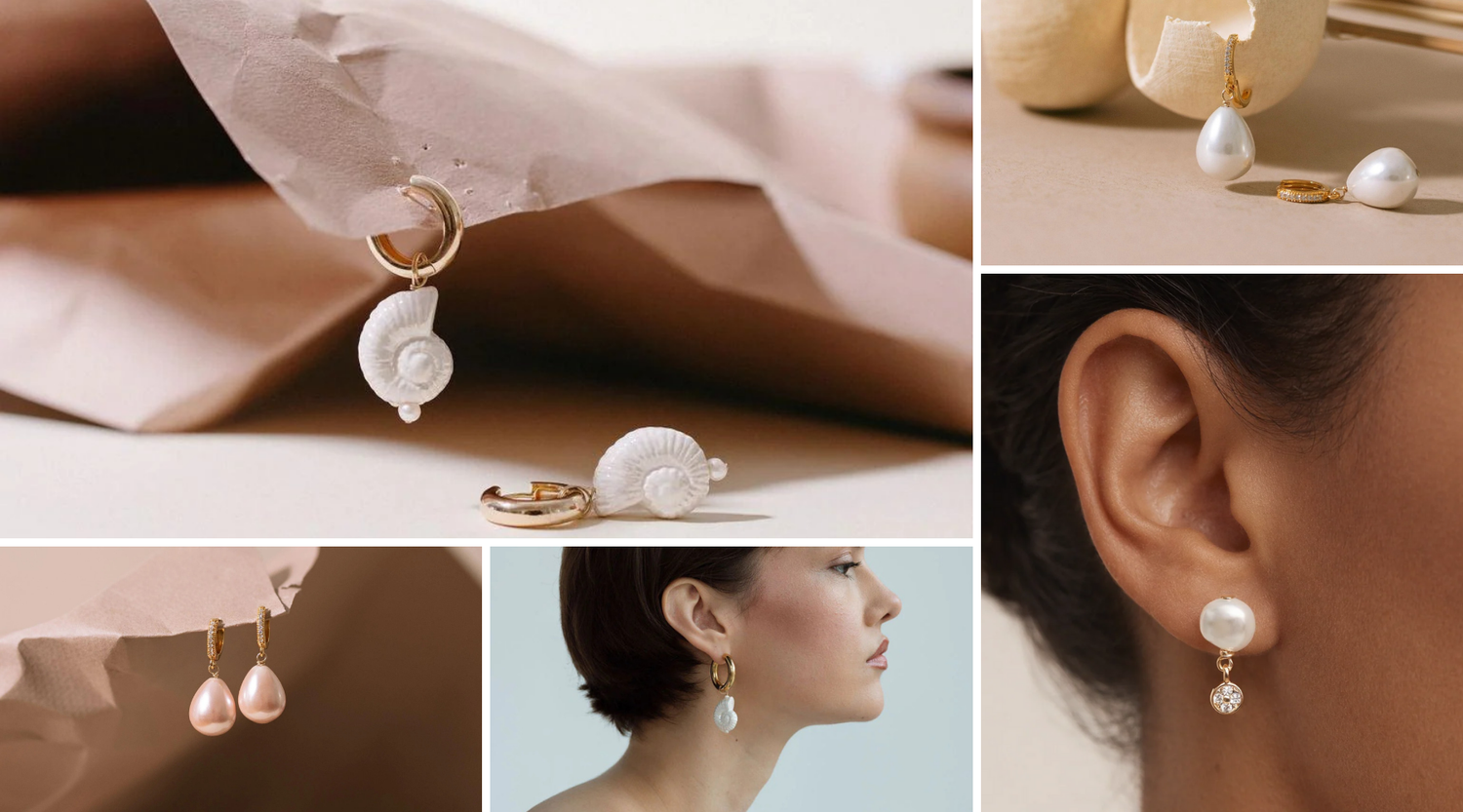 Divers modèles de boucles d'oreilles dorées ornées de perles et de charmes coquillages nacrés, idée cadeau femme idéale pour un anniversaire ou pour un geste attentionné – KoolKado