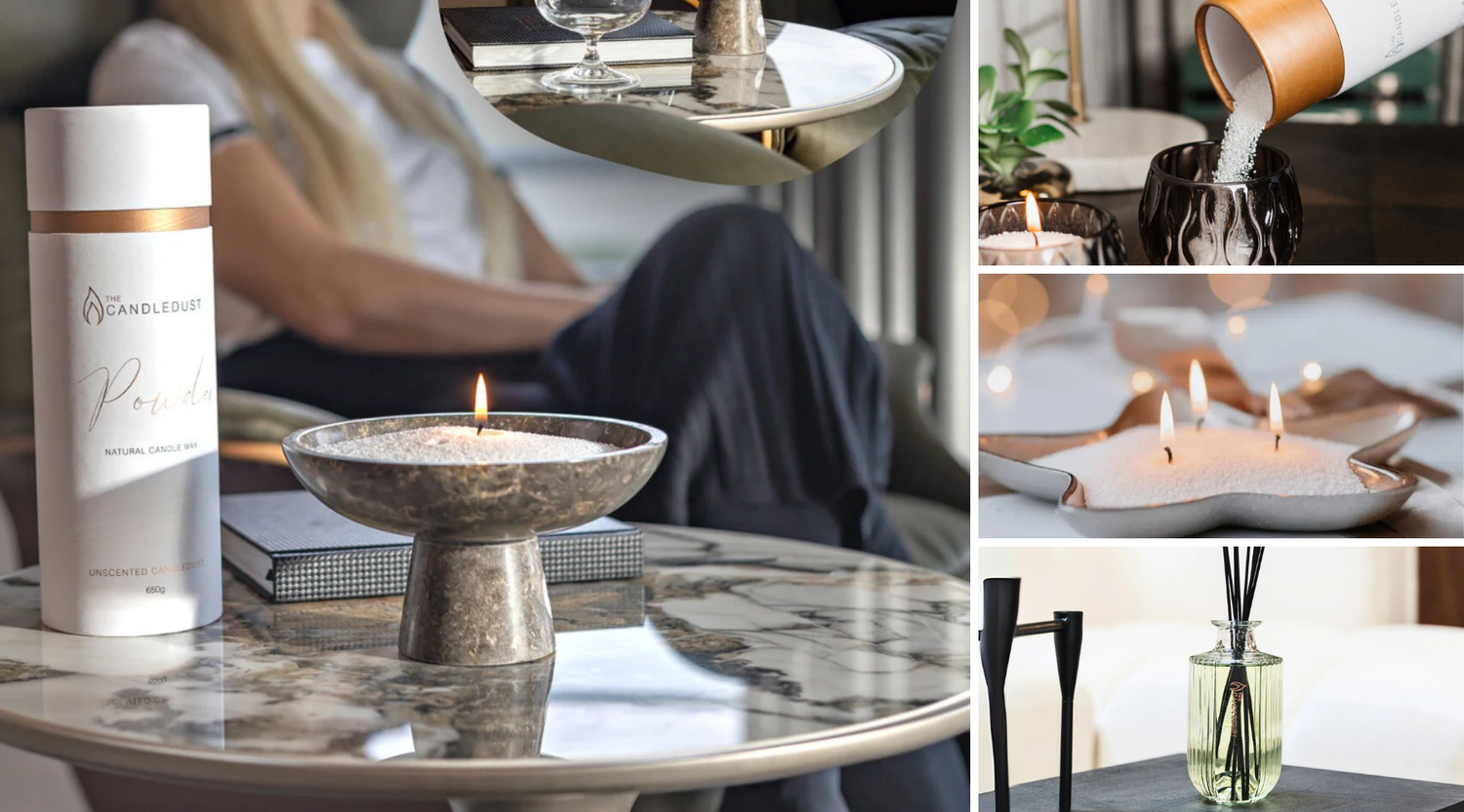 Montage de bougies en poudre et diffuseurs de parfum dans un salon élégant, idée cadeau décoration idéale pour une crémaillère ou un proche – KoolKado