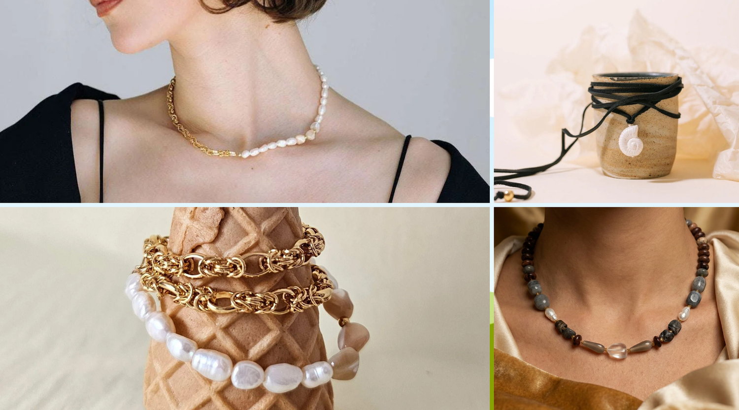 Collage de bijoux élégants présentant un collier asymétrique or et perles ainsi qu'un bracelet de perles baroques, idée cadeau femme idéale pour un anniversaire ou une célébration élégante – KoolKado