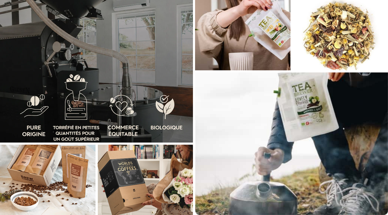 Montage illustrant la torréfaction artisanale, le commerce équitable et le voyage sensoriel de nos cafés et thés d'exception, idée cadeau pour connaisseur idéale pour un remerciement ou une attention de courtoisie – KoolKado