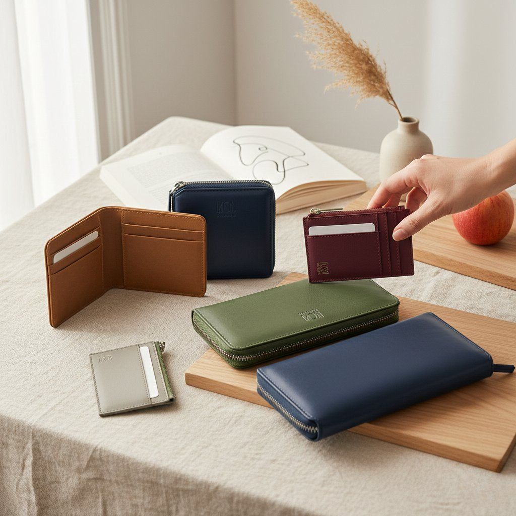 Détails d'accessoires de maroquinerie durable en cuir de pomme aux coloris bordeaux et bleu, idée cadeau écoresponsable idéale pour un proche engagé – KoolKado