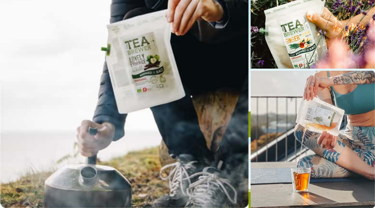 Sélection de thés premium en sachets, infusés dans différentes situations : en extérieur lors d’une randonnée, à la maison et en terrasse, illustrant un moment de détente et de voyage autour du thé.