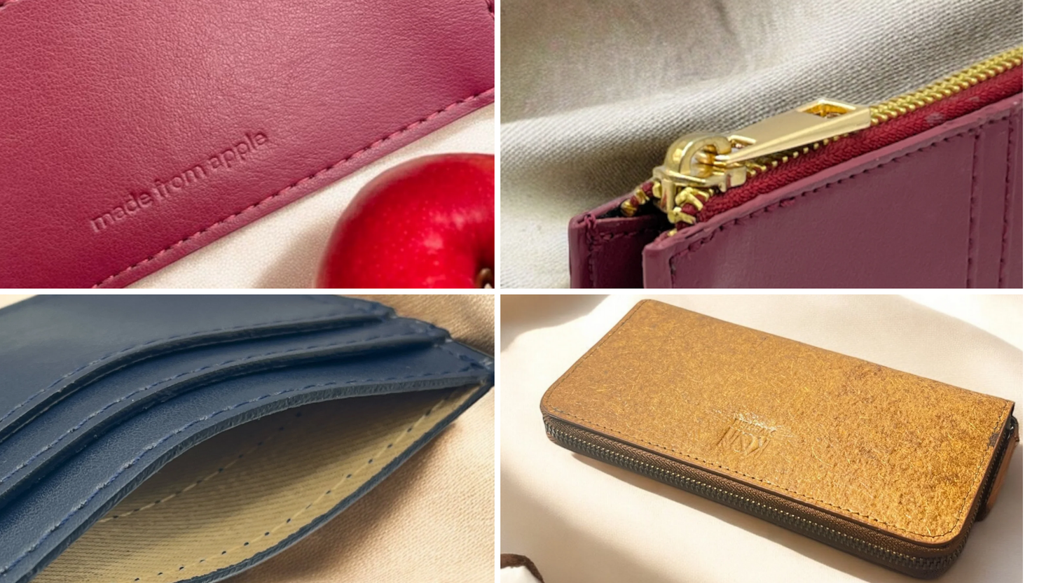 Détails d'accessoires de maroquinerie durable en cuir de pomme aux coloris bordeaux et bleu, idée cadeau écoresponsable idéale pour un proche engagé – KoolKado