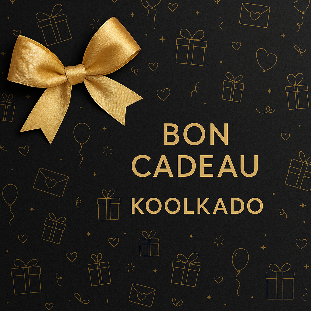 Bon cadeau digital KOOLKADO avec ruban doré sur fond noir à motifs cadeaux. Koolkado, idées cadeaux pour tous.