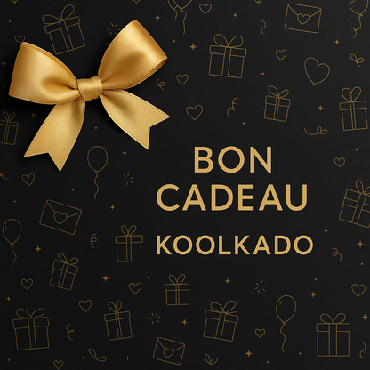 Bon cadeau digital KOOLKADO avec ruban doré sur fond noir à motifs cadeaux. Koolkado, idées cadeaux pour tous.