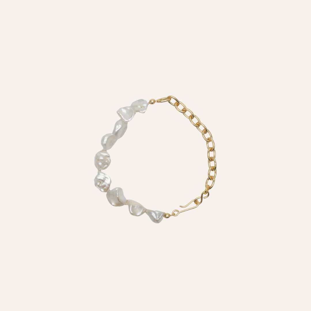 Bracelet Ress bi-matière avec perles de culture baroques et chaîne plaquée or 24 carats, bijou artisanal mixte au chic équilibré, idée cadeau élégante – KoolKado
