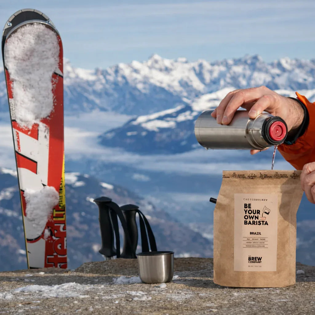 Préparation d’un café de spécialité en altitude avec la cafetière nomade intégrée Coffeebrewer, café sans machine pour le ski et les aventures en montagne, expérience slow coffee en plein air, idée cadeau pour amateur de café et d’évasion – KoolKado
