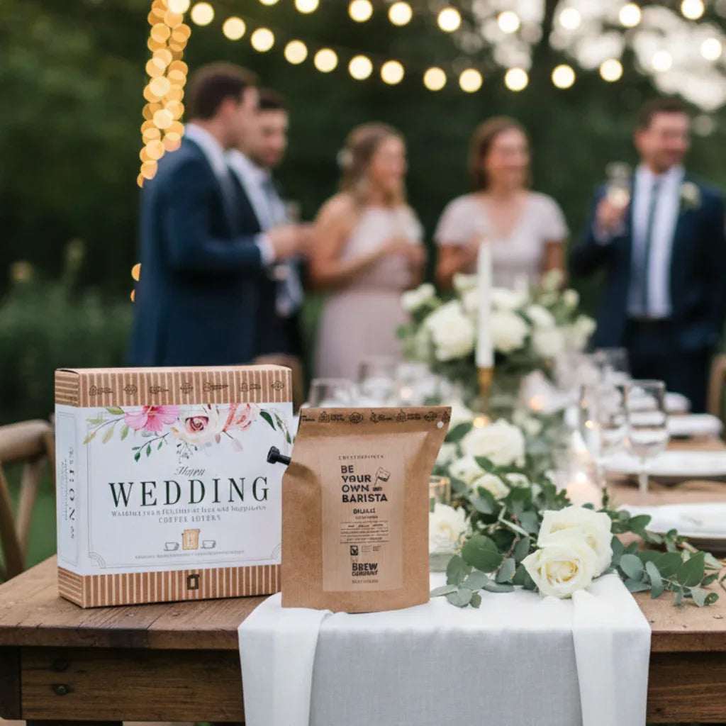 Coffret café de spécialité Noces & Arômes présenté sur une table de mariage, idée cadeau élégante pour un couple – KoolKado