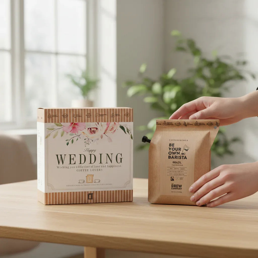 Ouverture du coffret café Noces & Arômes, idée cadeau de mariage élégante et prête à offrir – KoolKado
