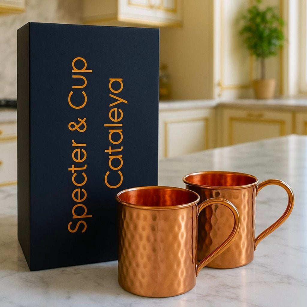 Coffret de 2 mugs avec anse en cuivre pur martele Cataleya de 400 ml presentes devant leur emballage exclusif de haute qualite