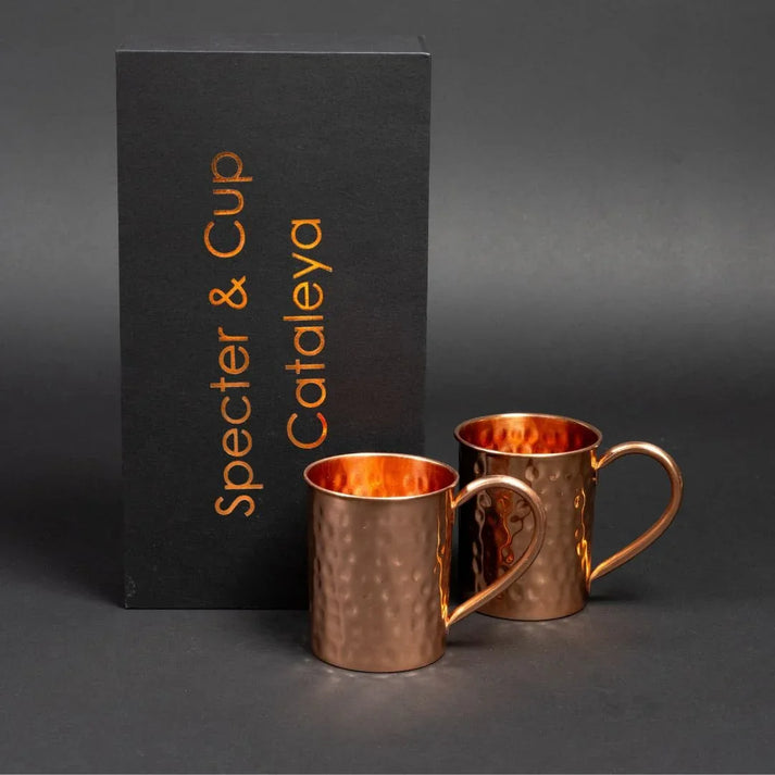 Coffret de 2 mugs avec anse en cuivre pur martele Cataleya de 400 ml presentes devant leur emballage exclusif de haute qualite