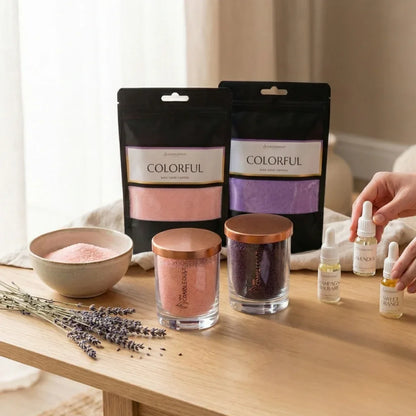 Coffret de rituels parfumés avec bougies en sable coloré et huiles essentielles présenté en situation, idée cadeau élégante pour créer une ambiance douce et apaisante à la maison – KoolKado