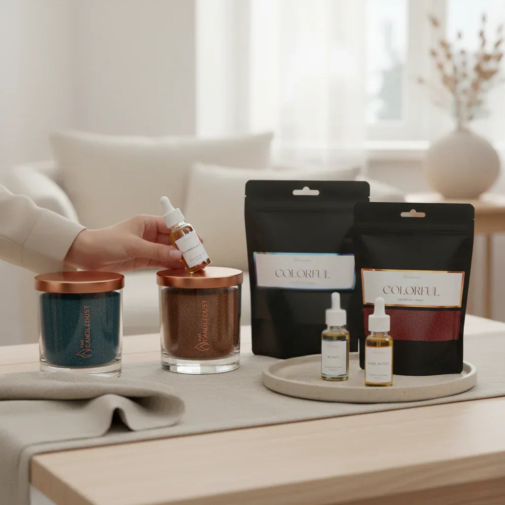 Coffret de rituels parfumés avec bougies en sable et huiles parfumées personnalisables présenté en situation, idée cadeau élégante pour créer une ambiance apaisante à la maison – KoolKado