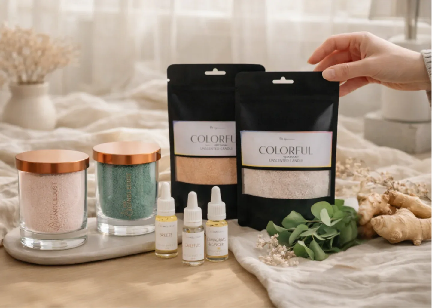 Coffret de rituels parfumés avec bougies en sable rechargeables, recharges colorées et huiles parfumées présenté en situation, idée cadeau élégante et personnalisable pour créer une ambiance apaisante à la maison – KoolKado