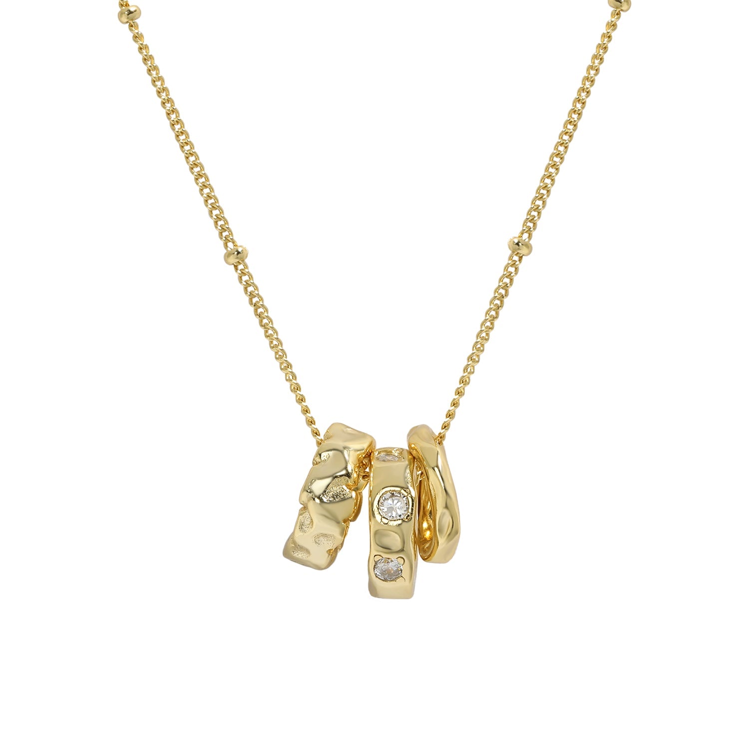 Collier doré Malou avec trois pendentifs géométriques sertis de zircones. Idée cadeau femme. Koolkado.be