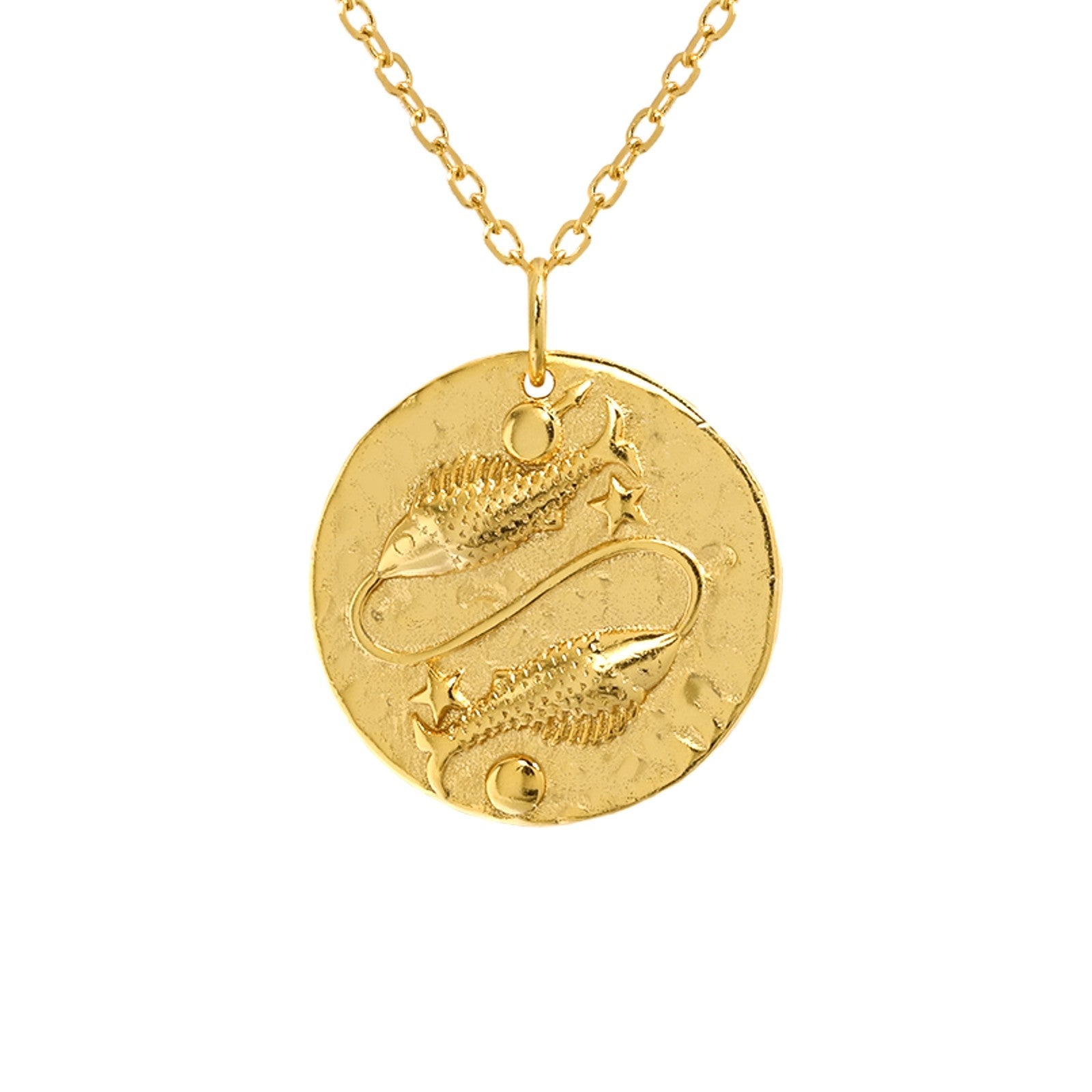 Collier doré avec pendentif signe astrologique Poissons en relief, plaqué or. Idée cadeau femme.