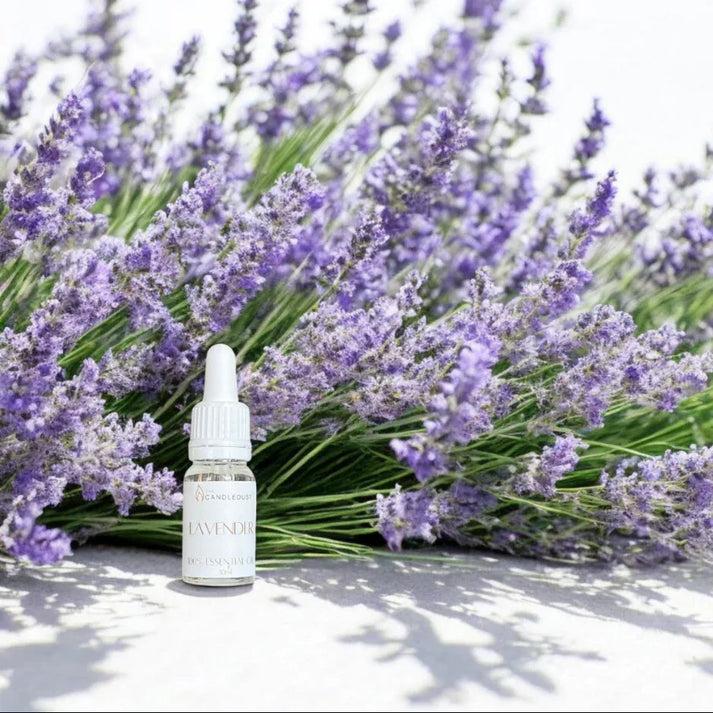 Huile parfumée d’intérieur à la lavande présentée avec des fleurs de lavande, idée cadeau idéale pour créer une ambiance apaisante et sereine – KoolKado