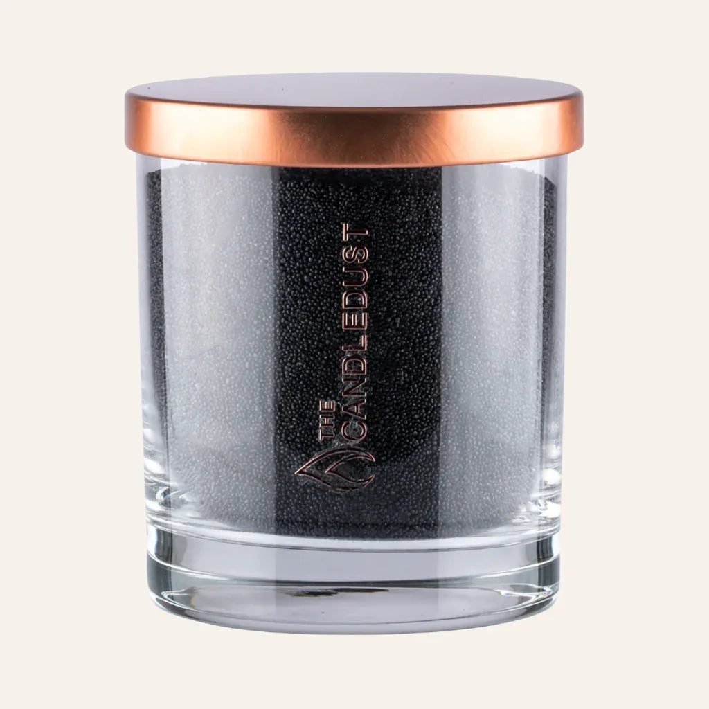 Idées cadeaux bougie décorative sable noir Candledust en verre, idéale pour une décoration de maison élégante et contemporaine.