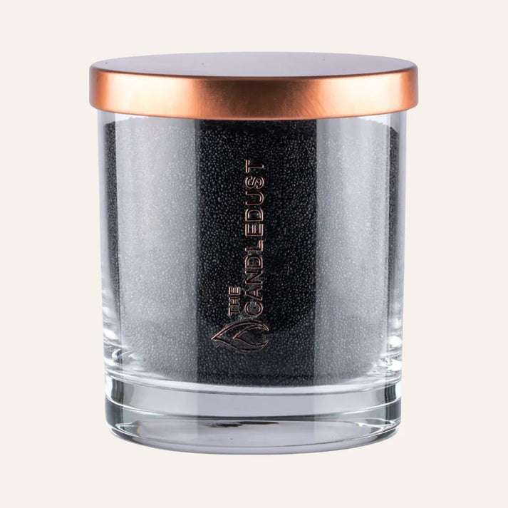Idées cadeaux bougie décorative sable noir Candledust en verre, idéale pour une décoration de maison élégante et contemporaine.