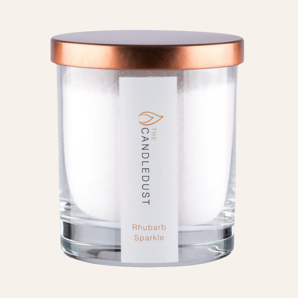 Idées cadeaux pour adulte : bougie parfumée Champagne & Rhubarbe Candledust en verre avec couvercle, élégante et prête à offrir