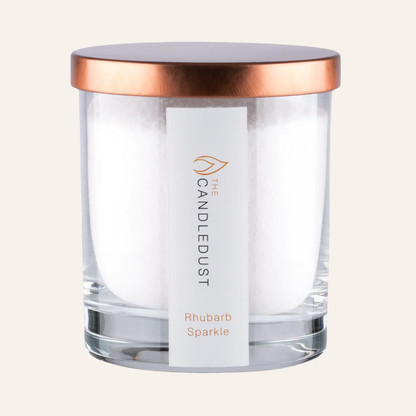 Idées cadeaux pour adulte : bougie parfumée Champagne & Rhubarbe Candledust en verre avec couvercle, élégante et prête à offrir