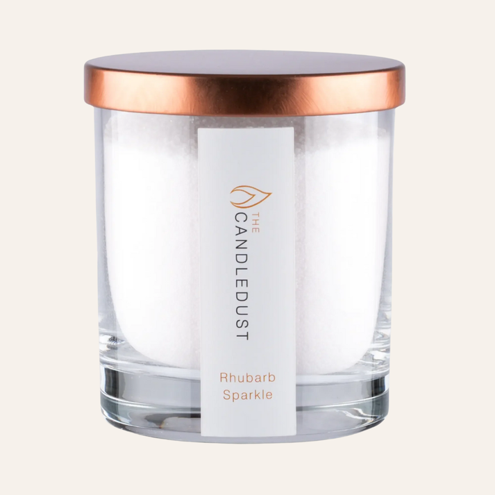 Idées cadeaux pour adulte : bougie parfumée Champagne & Rhubarbe Candledust en verre avec couvercle, élégante et prête à offrir
