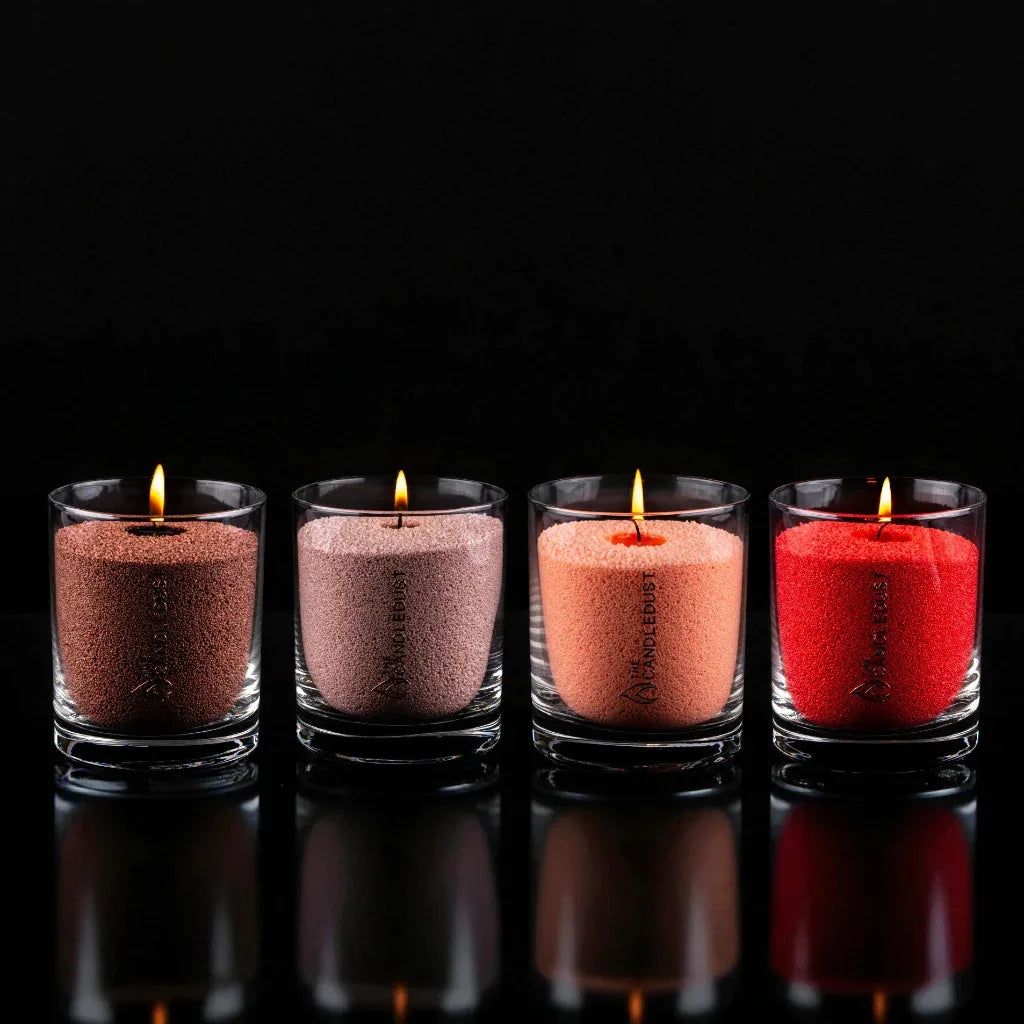 Idées cadeaux bougies décoratives Candledust en verre, différentes couleurs élégantes, parfaites pour sublimer une décoration intérieure moderne.