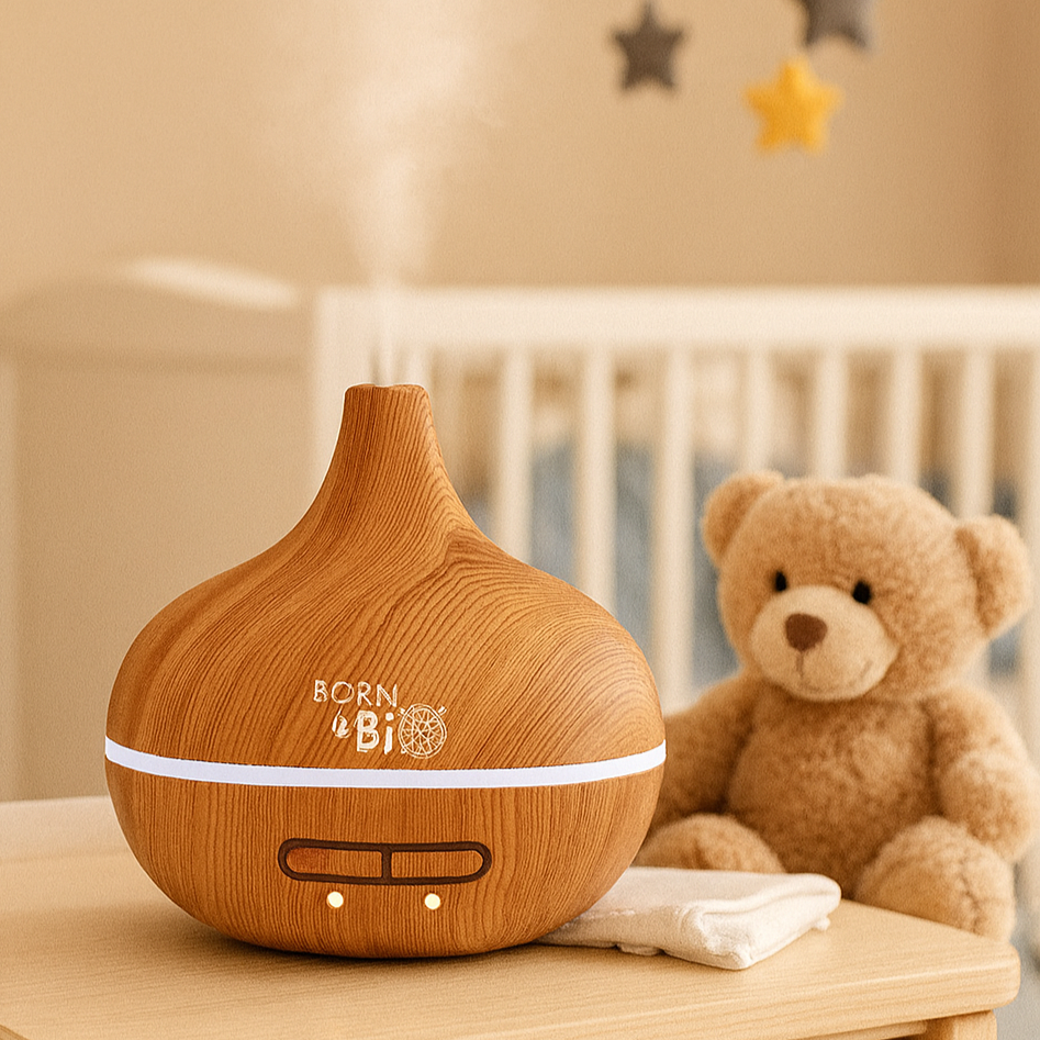 Idées cadeaux pour chambre bébé avec diffuseur d’huiles essentielles en bois, idéal pour jeunes parents ou nouveau-nés.