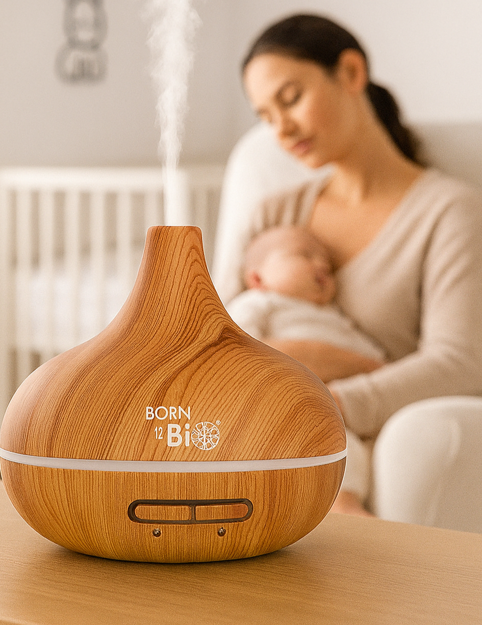 Idées cadeaux bien-être pour jeunes parents, diffuseur huiles essentielles bois clair pour une ambiance apaisante avec bébé.